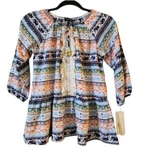 NEW Takara Girls Peplum Top Size L Elephant Print 3/4 Sleeve Fringe Lightweight